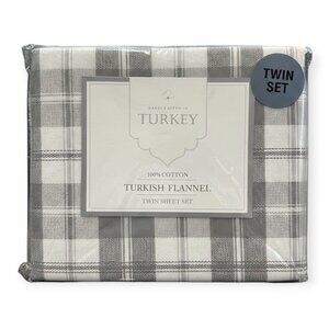 TURKISH COTTON 3 PIECE TWIN SHEET SET - Flannel 100% Cotton Gray/White - NWT